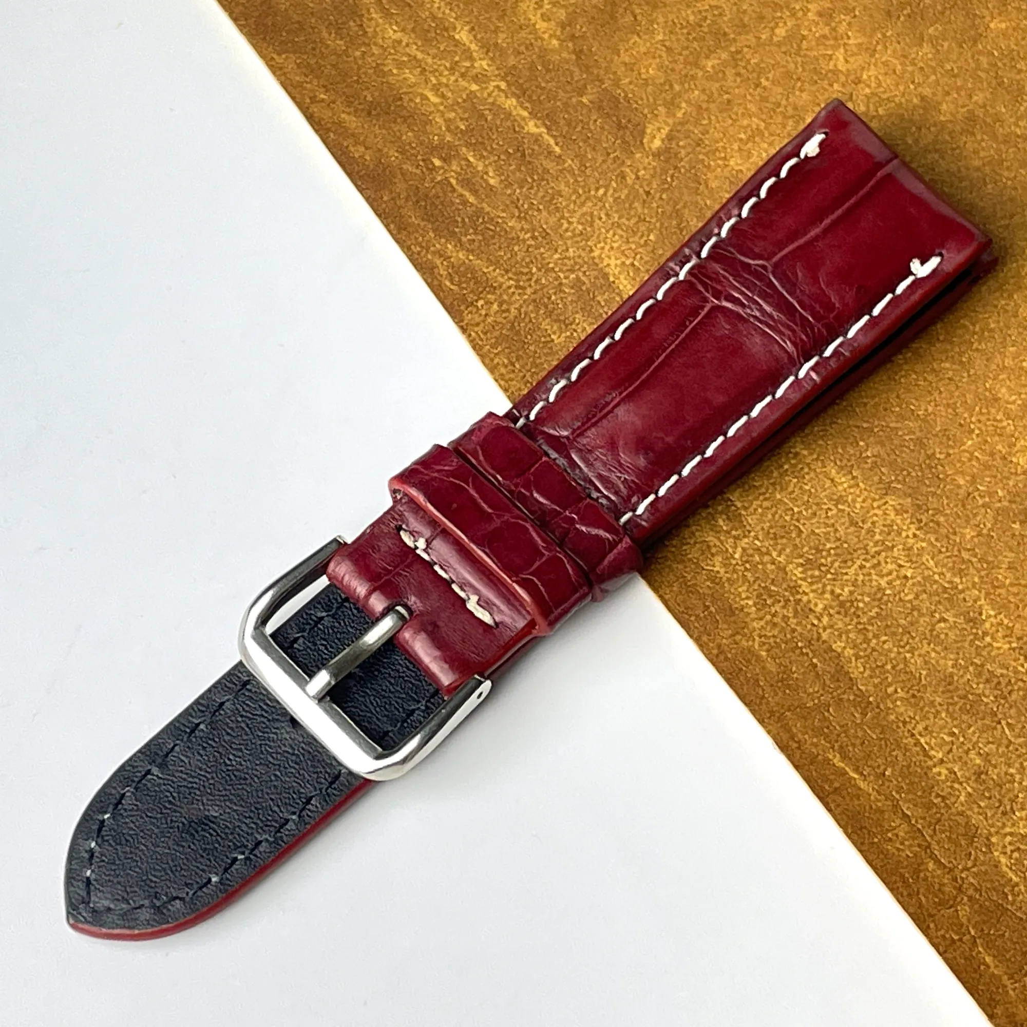 24mm Burgundy Unique Pattern Alligator Leather Watch Strap For Men DH-224-P