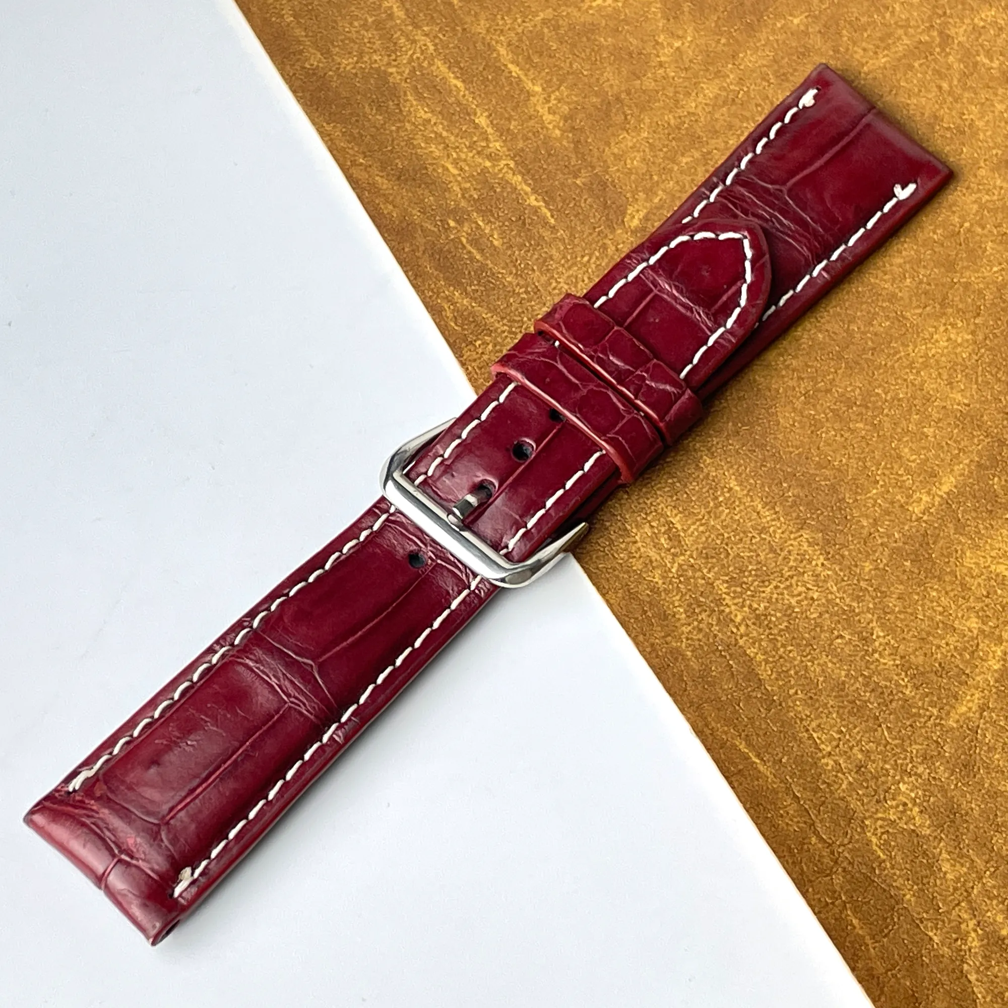 24mm Burgundy Unique Pattern Alligator Leather Watch Strap For Men DH-224-P