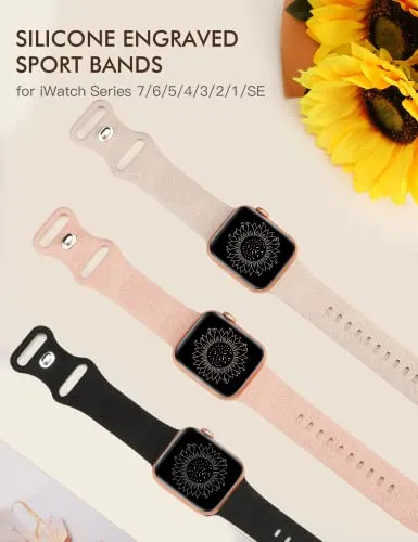 3 Packs Sunflower Engraved Bands Compatible with Apple Watch Bands 41mm 40mm 38mm Women Girls, Floral Lace Fancy Fashion Stretchy Sport Silicone Flower Straps for iWatch Series 9/SE/8/7/6/5/4/3/2/1