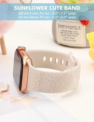 3 Packs Sunflower Engraved Bands Compatible with Apple Watch Bands 41mm 40mm 38mm Women Girls, Floral Lace Fancy Fashion Stretchy Sport Silicone Flower Straps for iWatch Series 9/SE/8/7/6/5/4/3/2/1