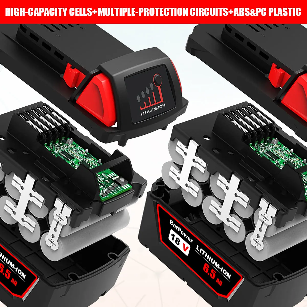 48-11-1865 18V 6.5AH Lithium XC6.0 Extended Capacity Battery Replacement for Milwaukee 18V Battery M18 6.0Ah 5.0Ah 4.0Ah 3.0Ah 48-11-1860 48-11-1850