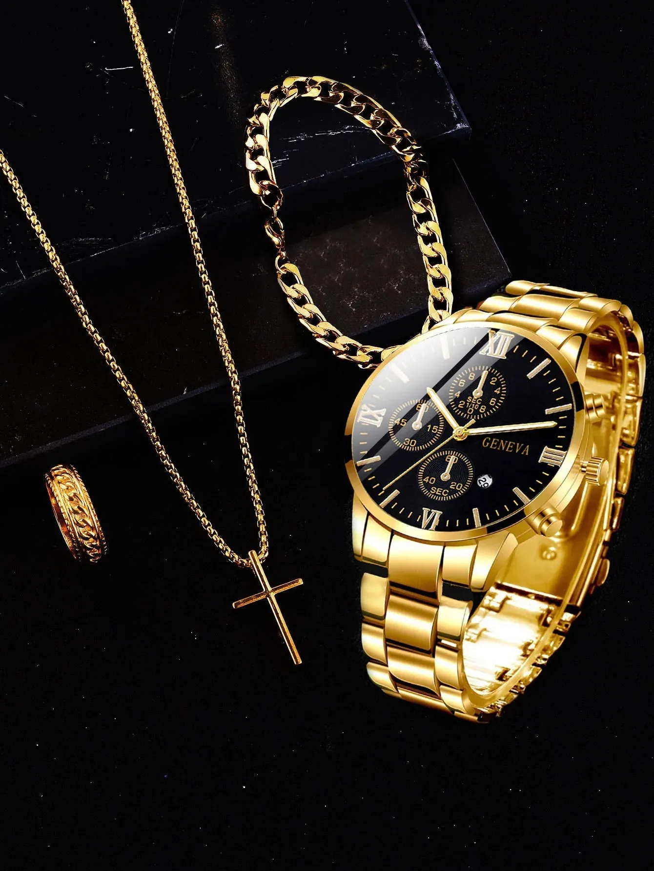 4pcs gold alloy Roman with calendar men's quartz watch and cross necklace bracelet ring set selected gift