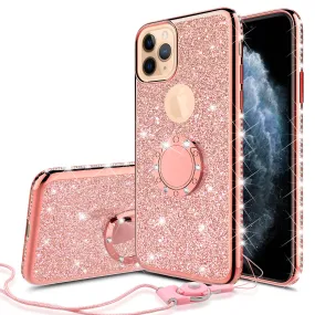 Apple iPhone 11 Pro Case, Glitter Cute Phone Case Girls with Kickstand,Bling Diamond Rhinestone Bumper Ring Stand Sparkly Luxury Clear Thin Soft Protective Apple iPhone 11 Pro Case for Girl Women - Rose Gold