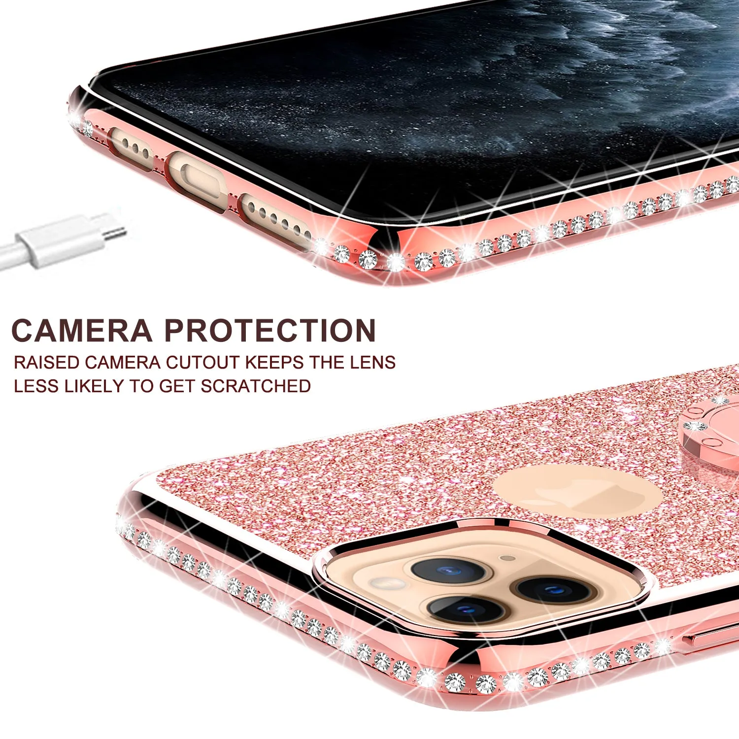 Apple iPhone 11 Pro Case, Glitter Cute Phone Case Girls with Kickstand,Bling Diamond Rhinestone Bumper Ring Stand Sparkly Luxury Clear Thin Soft Protective Apple iPhone 11 Pro Case for Girl Women - Rose Gold