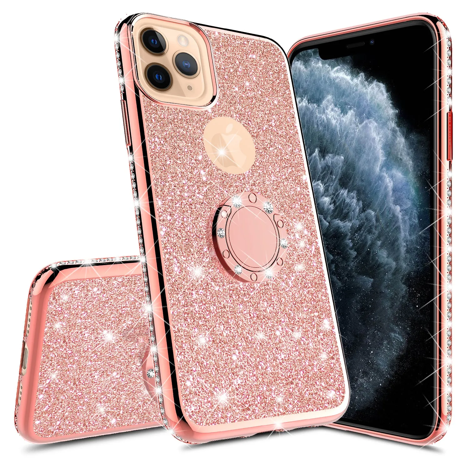 Apple iPhone 11 Pro Case, Glitter Cute Phone Case Girls with Kickstand,Bling Diamond Rhinestone Bumper Ring Stand Sparkly Luxury Clear Thin Soft Protective Apple iPhone 11 Pro Case for Girl Women - Rose Gold