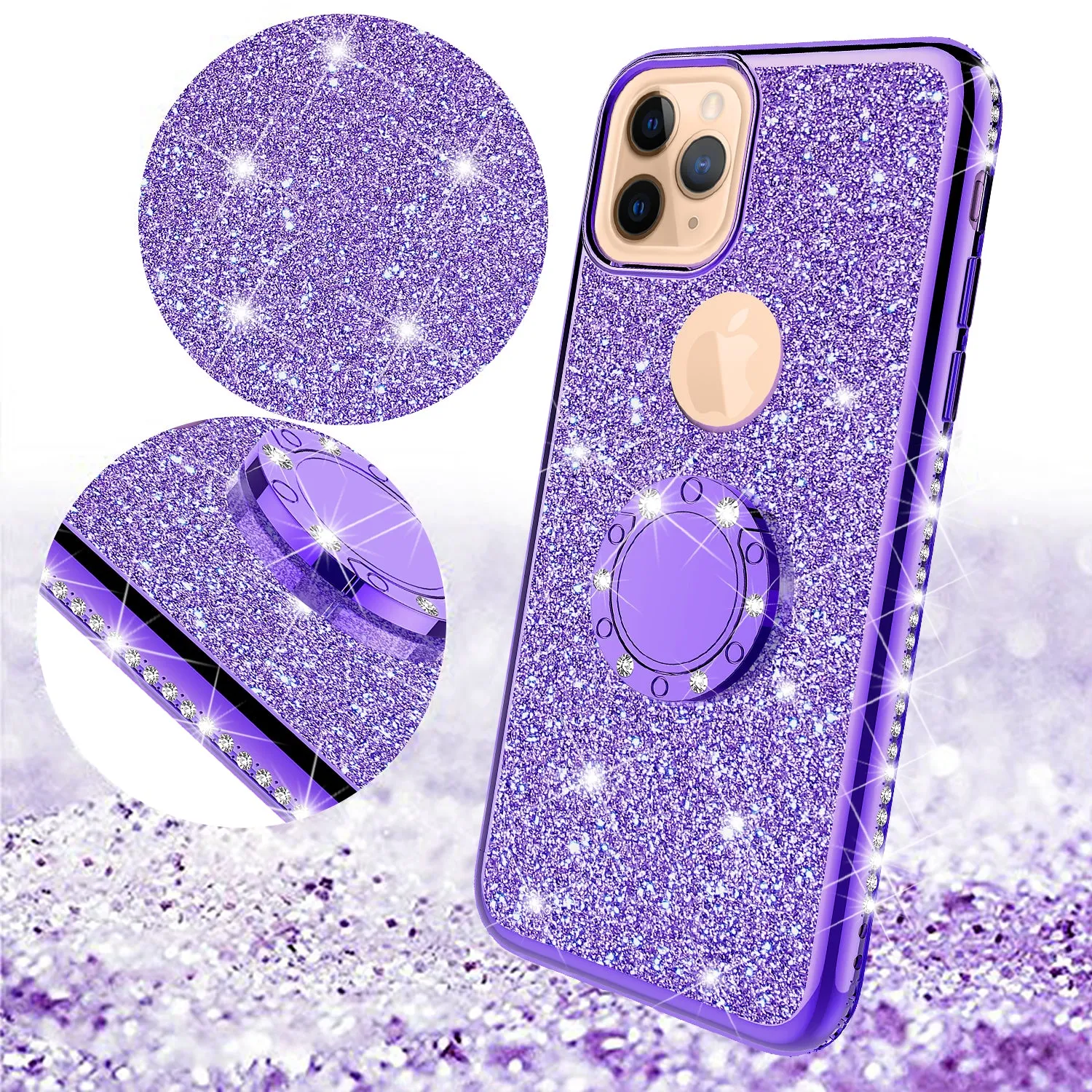 Apple iPhone 12 Case, Glitter Cute Phone Case Girls with Kickstand,Bling Diamond Rhinestone Bumper Ring Stand Sparkly Luxury Clear Thin Soft Protective Apple iPhone 12 Case for Girl Women - Purple