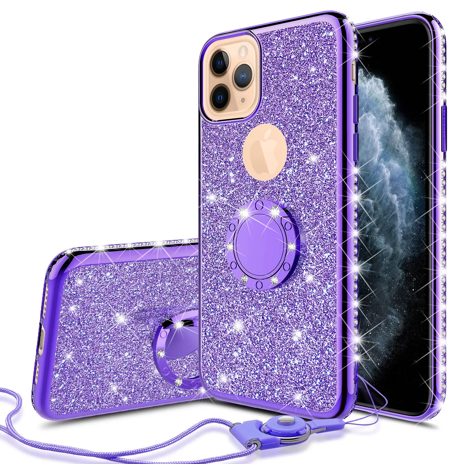 Apple iPhone 12 Case, Glitter Cute Phone Case Girls with Kickstand,Bling Diamond Rhinestone Bumper Ring Stand Sparkly Luxury Clear Thin Soft Protective Apple iPhone 12 Case for Girl Women - Purple