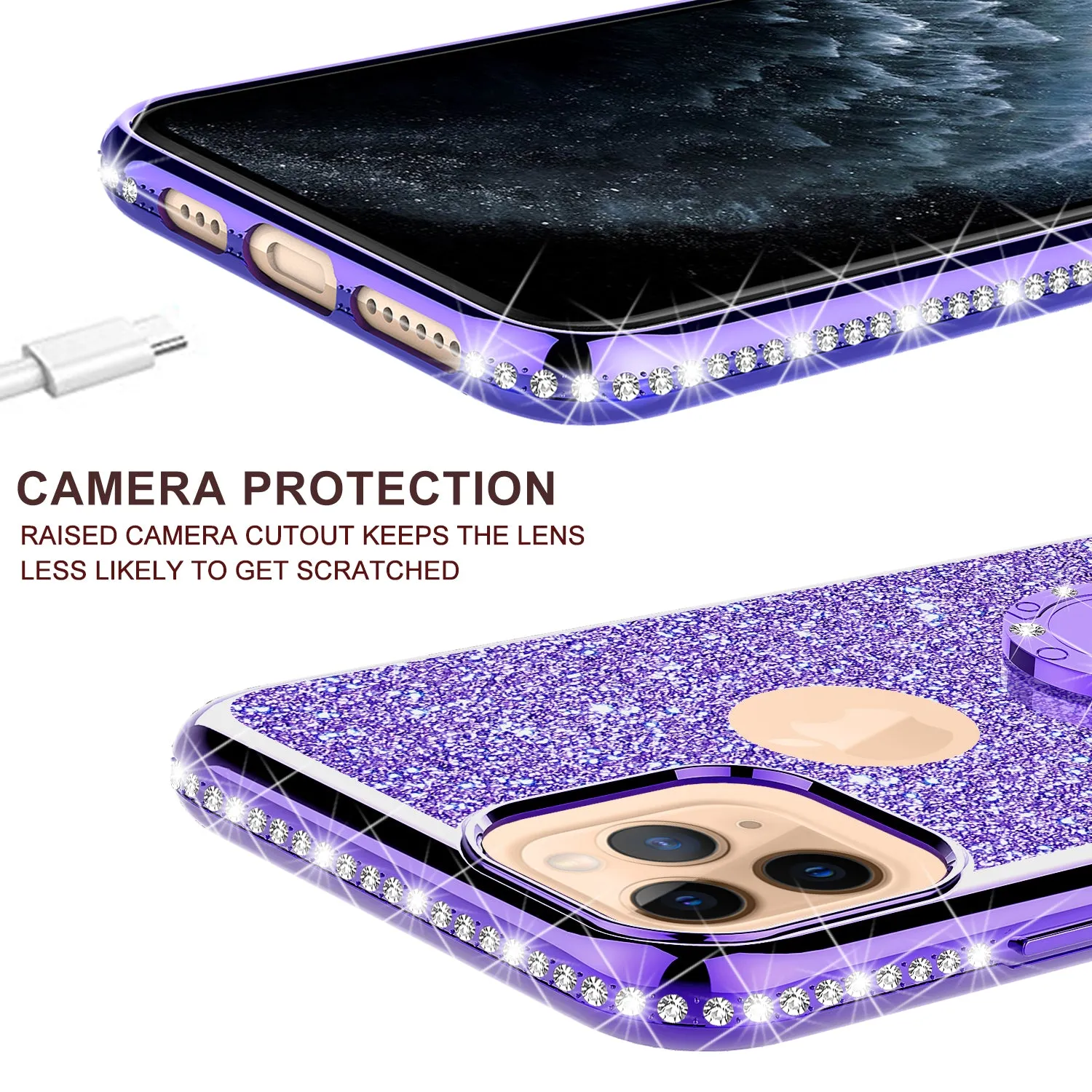 Apple iPhone 12 Case, Glitter Cute Phone Case Girls with Kickstand,Bling Diamond Rhinestone Bumper Ring Stand Sparkly Luxury Clear Thin Soft Protective Apple iPhone 12 Case for Girl Women - Purple