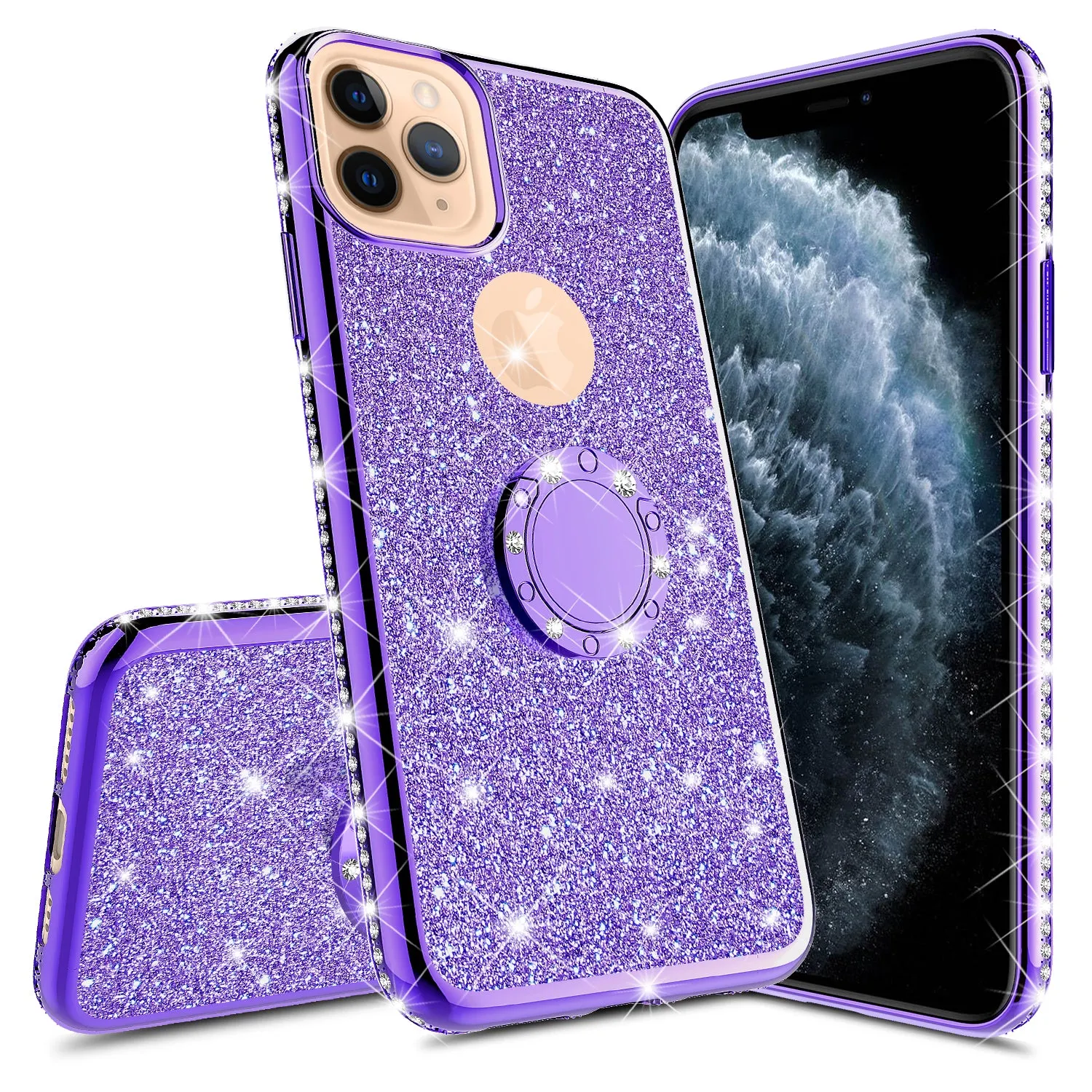 Apple iPhone 12 Case, Glitter Cute Phone Case Girls with Kickstand,Bling Diamond Rhinestone Bumper Ring Stand Sparkly Luxury Clear Thin Soft Protective Apple iPhone 12 Case for Girl Women - Purple