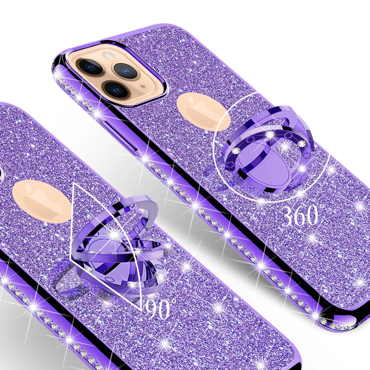 Apple iPhone 12 Case, Glitter Cute Phone Case Girls with Kickstand,Bling Diamond Rhinestone Bumper Ring Stand Sparkly Luxury Clear Thin Soft Protective Apple iPhone 12 Case for Girl Women - Purple