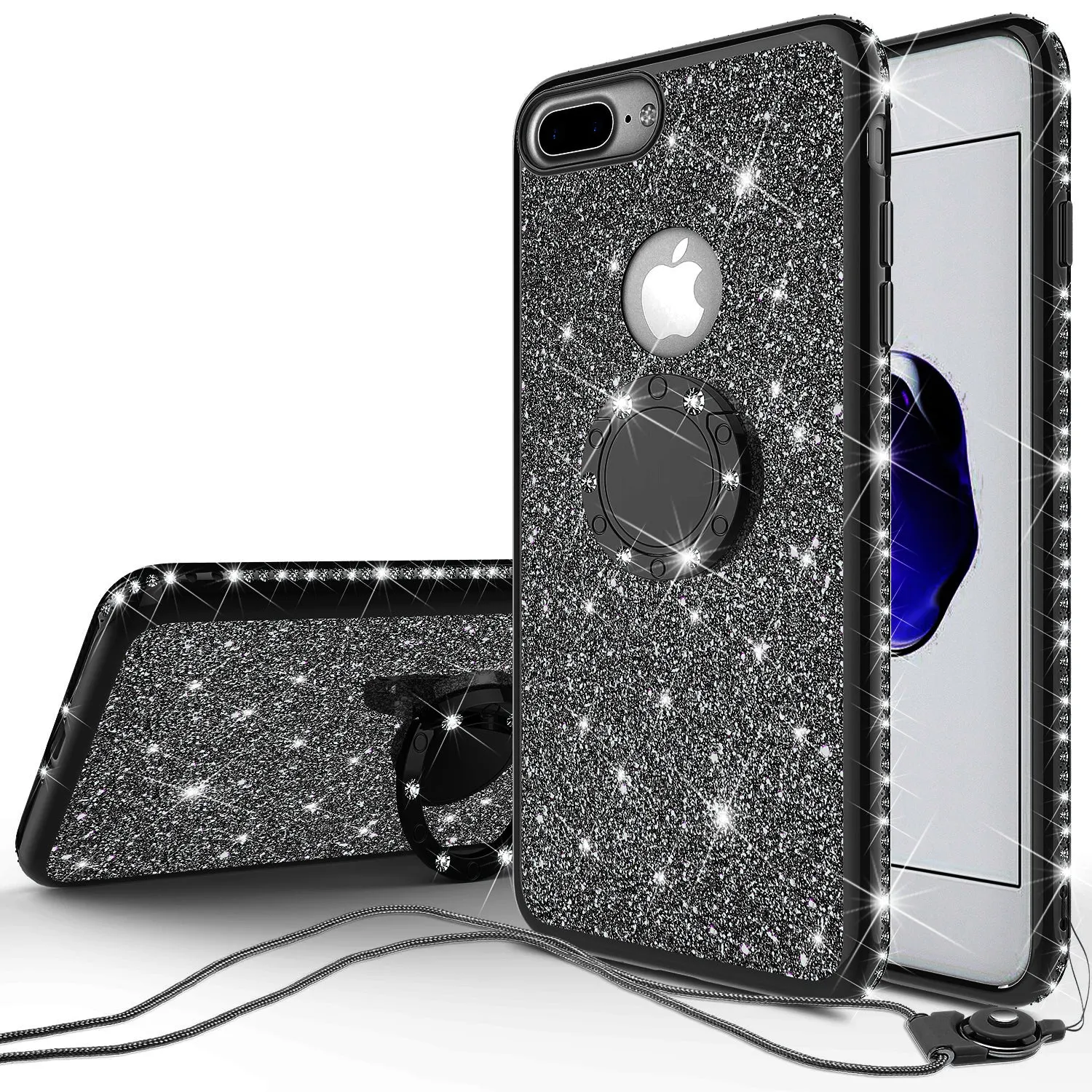 Apple iPhone 7 Plus Case, Glitter Cute Phone Case Girls with Kickstand,Bling Diamond Rhinestone Bumper Ring Stand Sparkly Luxury Clear Thin Soft Protective Apple iPhone 7 Plus Case for Girl Women - Black