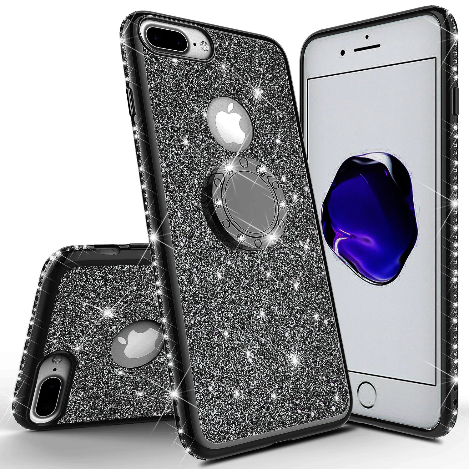 Apple iPhone 7 Plus Case, Glitter Cute Phone Case Girls with Kickstand,Bling Diamond Rhinestone Bumper Ring Stand Sparkly Luxury Clear Thin Soft Protective Apple iPhone 7 Plus Case for Girl Women - Black