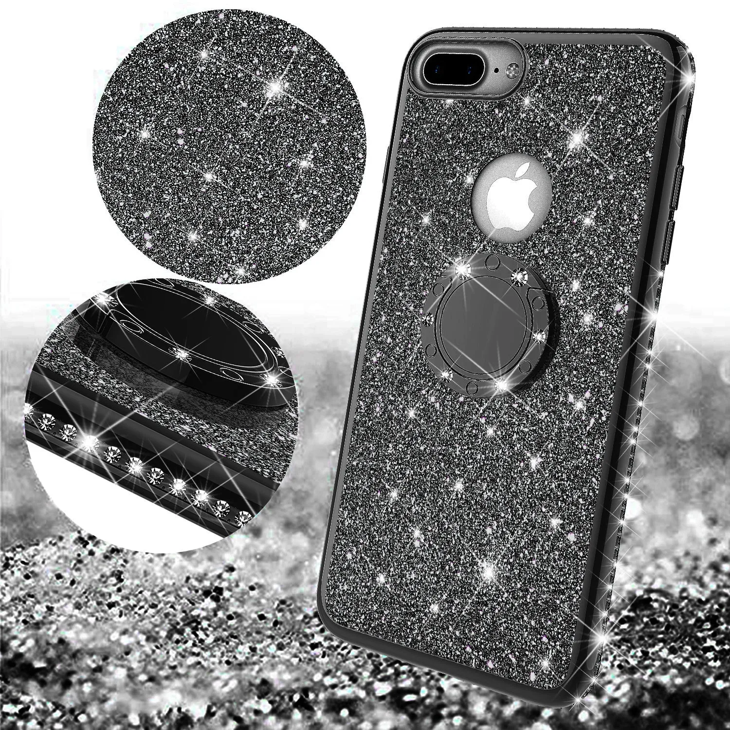 Apple iPhone 7 Plus Case, Glitter Cute Phone Case Girls with Kickstand,Bling Diamond Rhinestone Bumper Ring Stand Sparkly Luxury Clear Thin Soft Protective Apple iPhone 7 Plus Case for Girl Women - Black