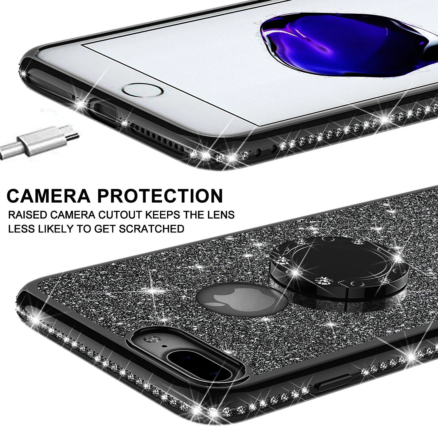 Apple iPhone 7 Plus Case, Glitter Cute Phone Case Girls with Kickstand,Bling Diamond Rhinestone Bumper Ring Stand Sparkly Luxury Clear Thin Soft Protective Apple iPhone 7 Plus Case for Girl Women - Black