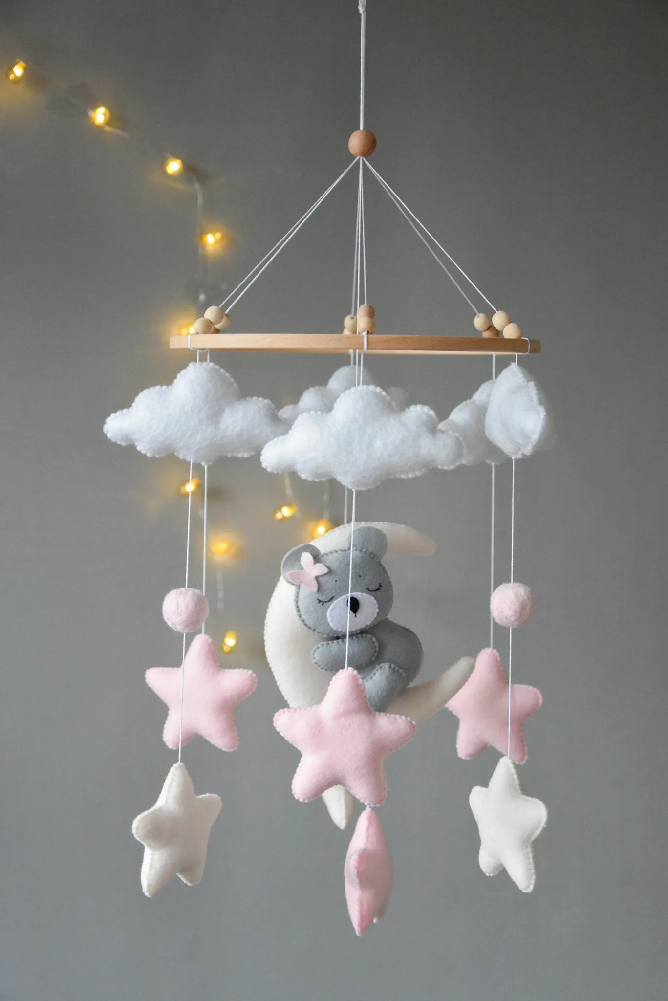 Baby girl pink mobile with gray sleeping bear