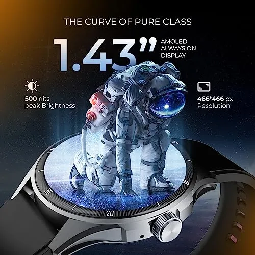 beatXP Vega Neo 1.43” AMOLED Bluetooth Calling Smartwatch with 466 * 466 Pixel, 60 Hz Refresh Rate, 500 Nits, Always on Display, Health Tracking, 100  Sports Modes (Black Strap, 1.43)