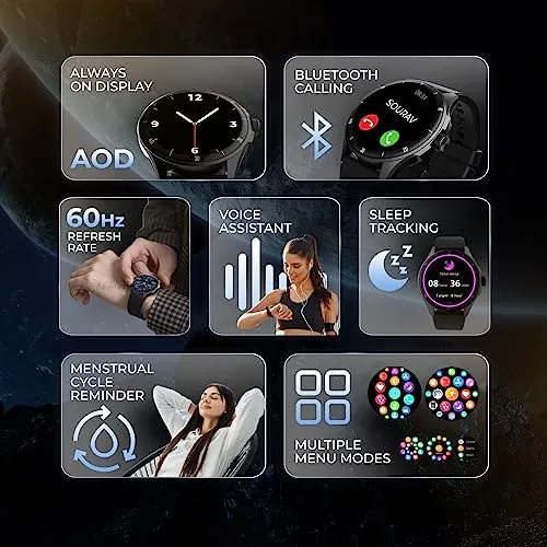 beatXP Vega Neo 1.43” AMOLED Bluetooth Calling Smartwatch with 466 * 466 Pixel, 60 Hz Refresh Rate, 500 Nits, Always on Display, Health Tracking, 100  Sports Modes (Black Strap, 1.43)