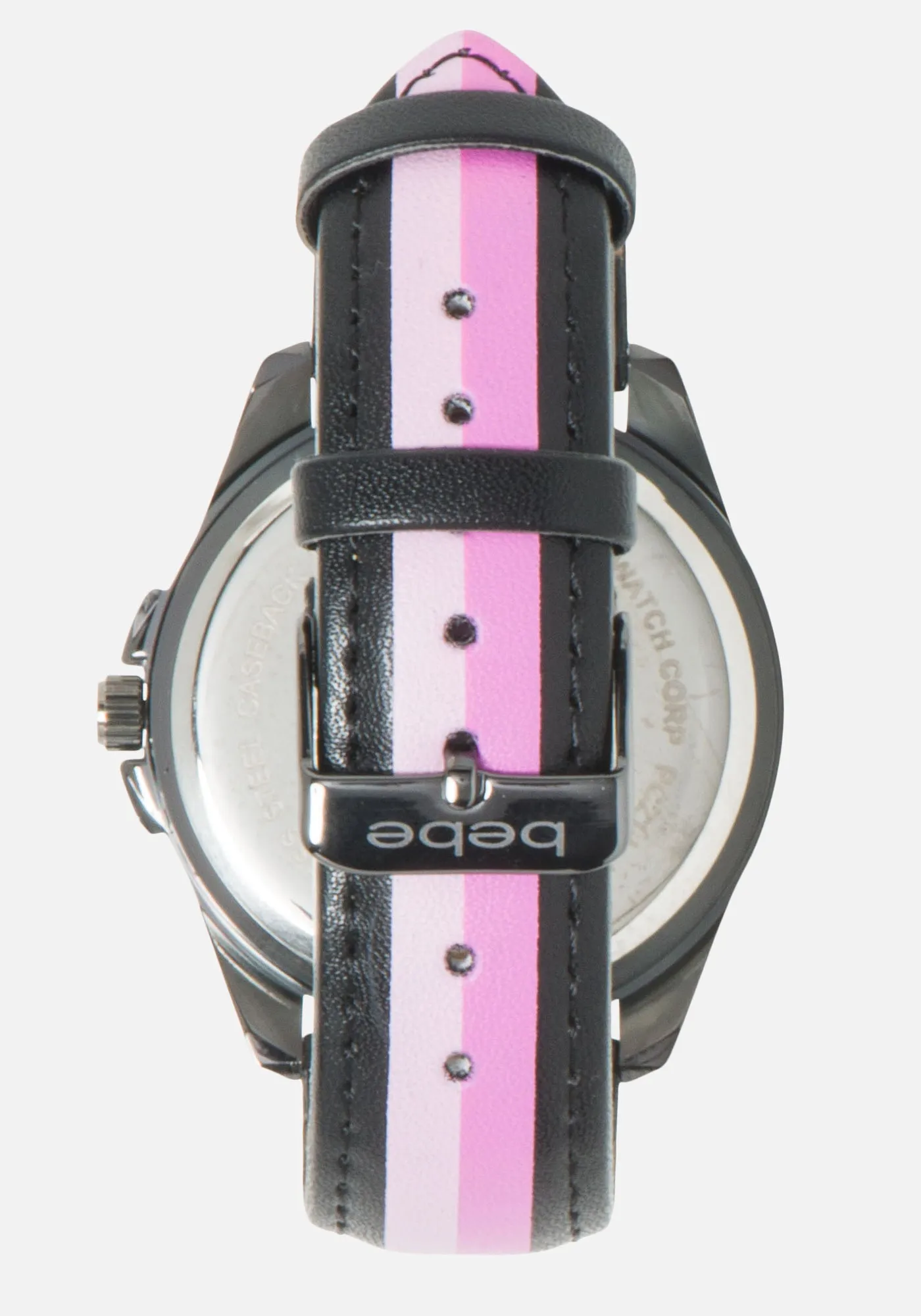 Black Crystal Bebe Logo Stripe Band Watch