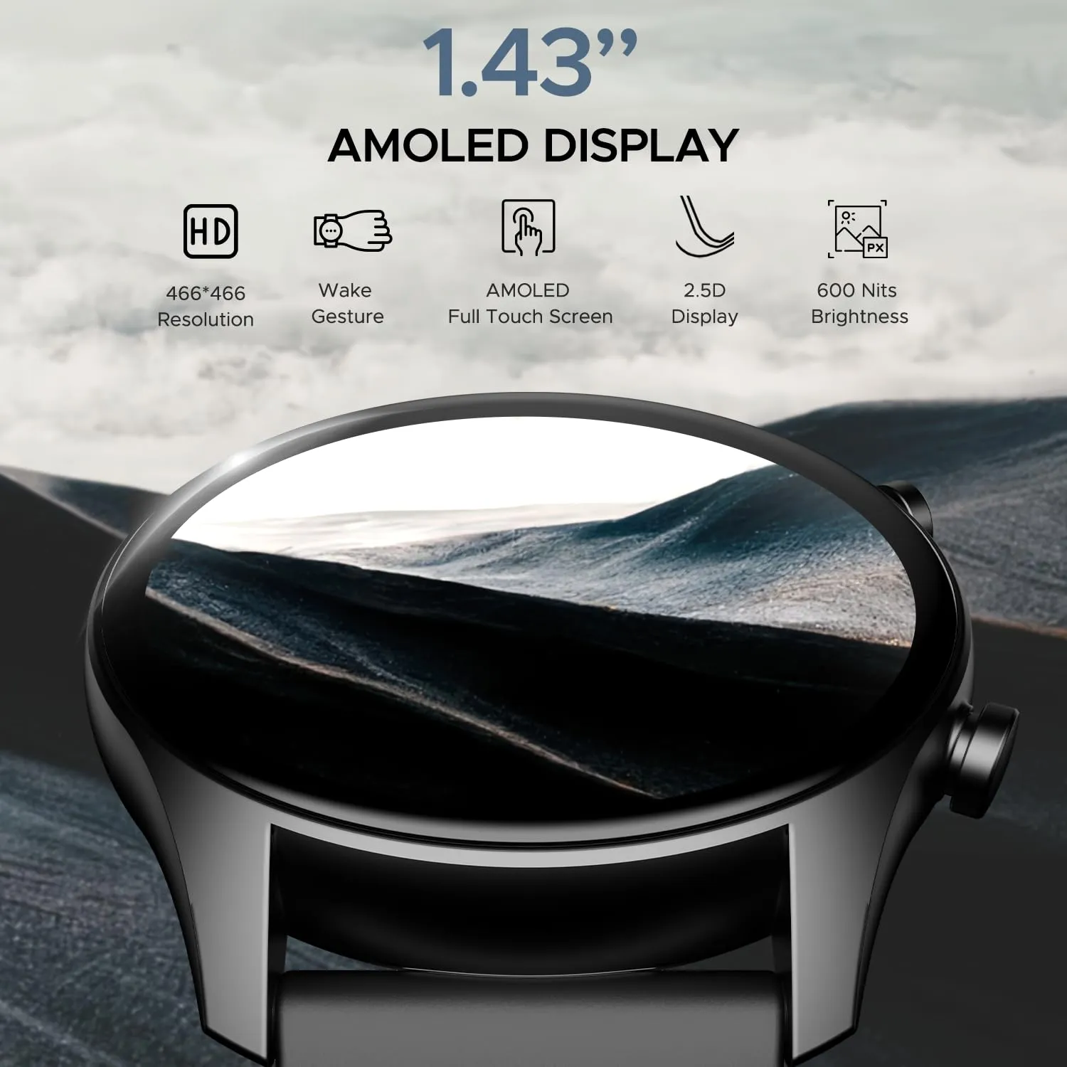 boAt Lunar Connect Plus Smart Watch with 1.43" AMOLED Display, 2.5D Display, Advanced Bluetooth Calling 100 , Always on Display, 100  Watch Faces,Voice Assistant,IP68, HR & SpO2(Active Black)