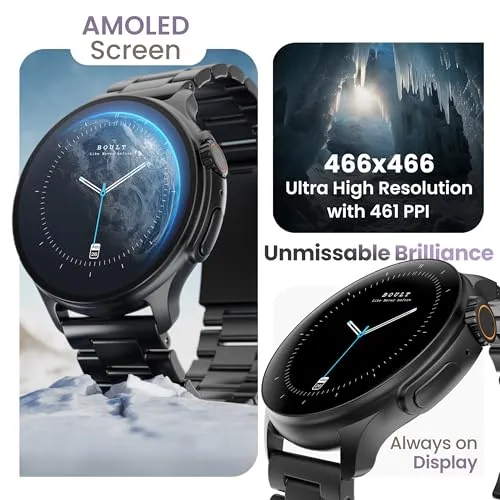 Boult Newly Launched Crown R Pro Smart Watch 1.43''HD AMOLED, Bluetooth Calling, Working Crown, Zinc Alloy Frame, 600 Nits Brightness, AI Voice Assistant, SpO2 Monitoring, 120  Sports Mode (Jet Black)