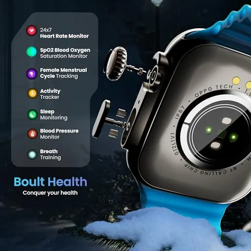 Boult Newly Launched Crown Smart Watch 1.95'' Display, Bluetooth Calling, Working Crown, Zinc Alloy Frame, 900 Nits Brightness, AI Voice Assistant, SpO2 Monitoring, 100  Sports Mode (Blue)