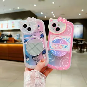 Cartoon Cat Printed TPU Camera Protection Cover with Mirror Stand - iPhone 14 Pro