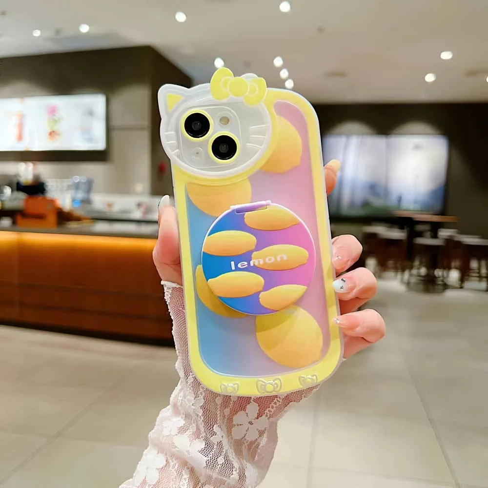 Cartoon Cat Printed TPU Camera Protection Cover with Mirror Stand - iPhone 14 Pro