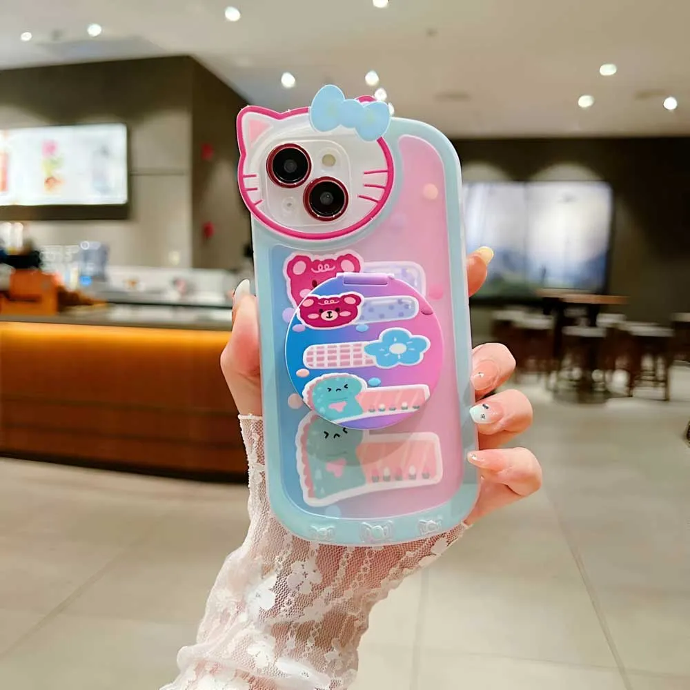 Cartoon Cat Printed TPU Camera Protection Cover with Mirror Stand - iPhone 14 Pro