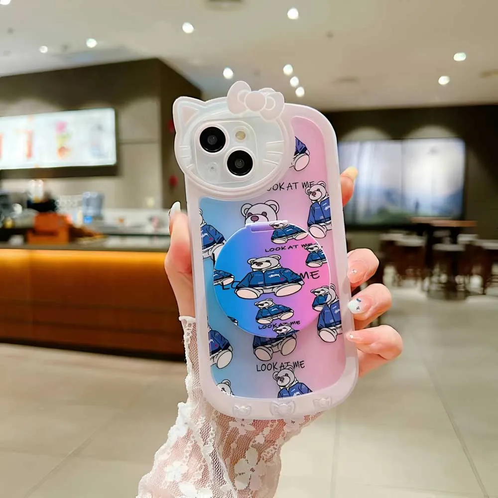 Cartoon Cat Printed TPU Camera Protection Cover with Mirror Stand - iPhone 14 Pro