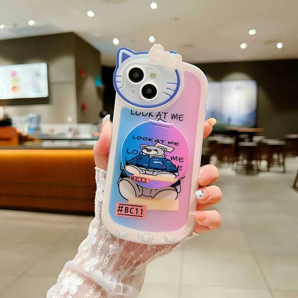 Cartoon Cat Printed TPU Camera Protection Cover with Mirror Stand - iPhone 14 Pro