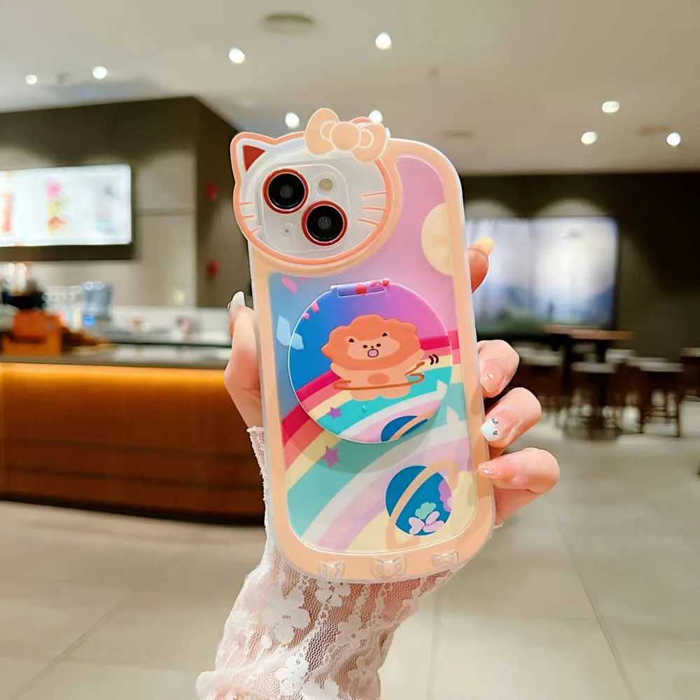 Cartoon Cat Printed TPU Camera Protection Cover with Mirror Stand - iPhone 14 Pro