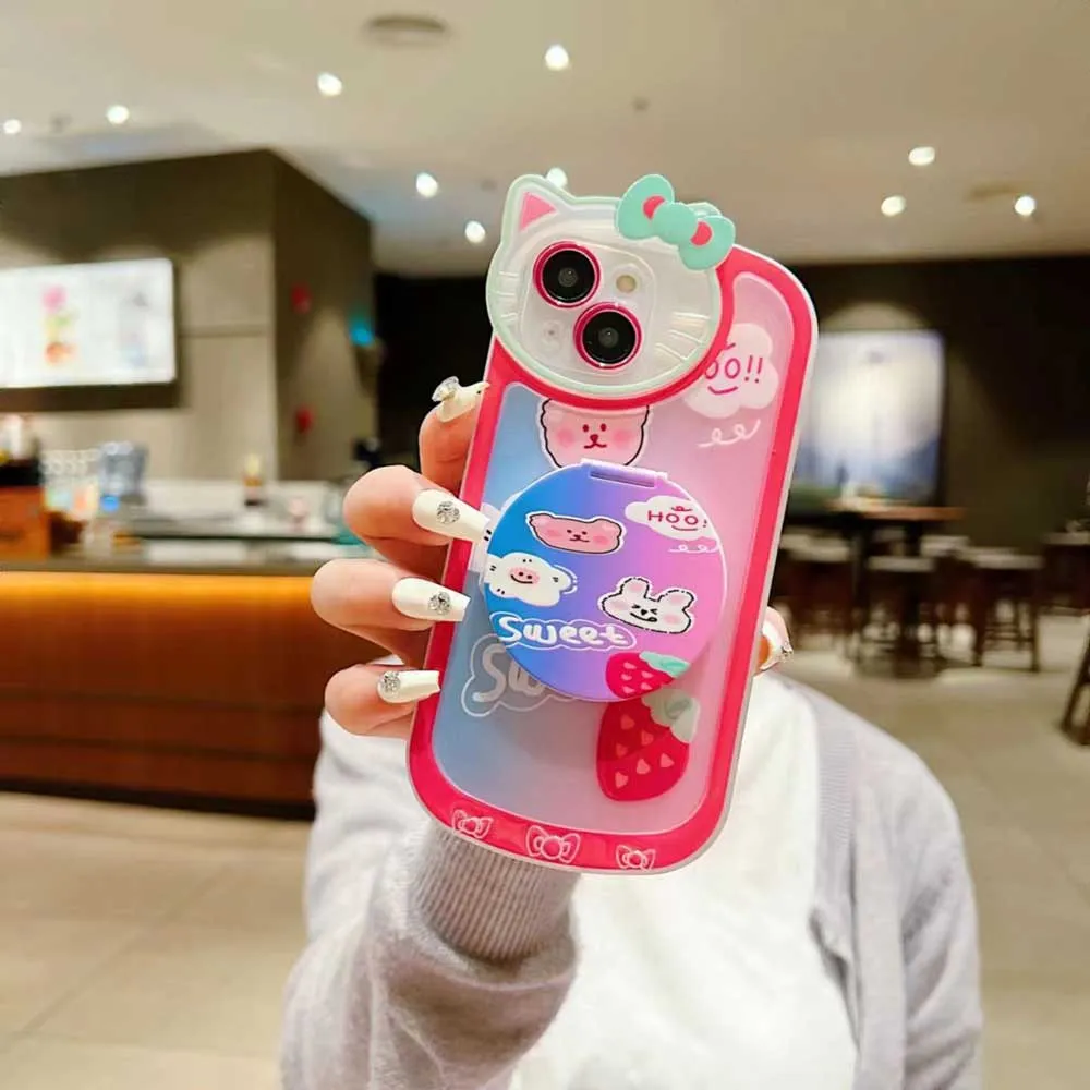 Cartoon Cat Printed TPU Camera Protection Cover with Mirror Stand - iPhone 14 Pro