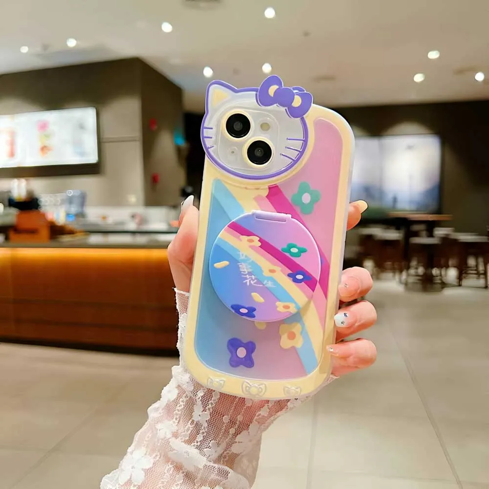 Cartoon Cat Printed TPU Camera Protection Cover with Mirror Stand - iPhone 14 Pro