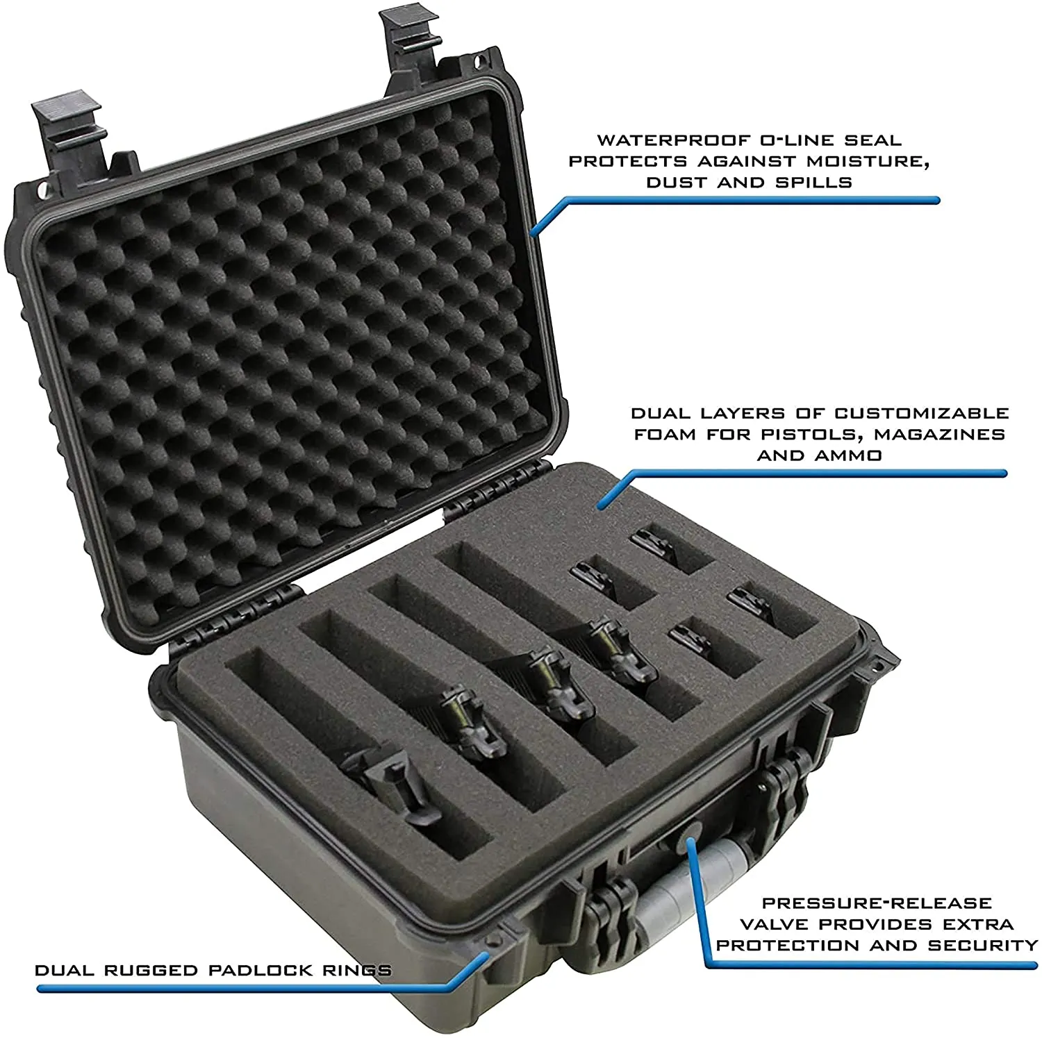 CASEMATIX 16" Customizable 4 Pistol Multiple Pistol Case - Waterproof & Shockproof Hard Gun Cases for Pistols and Magazines with Two Layers of 2" Foam