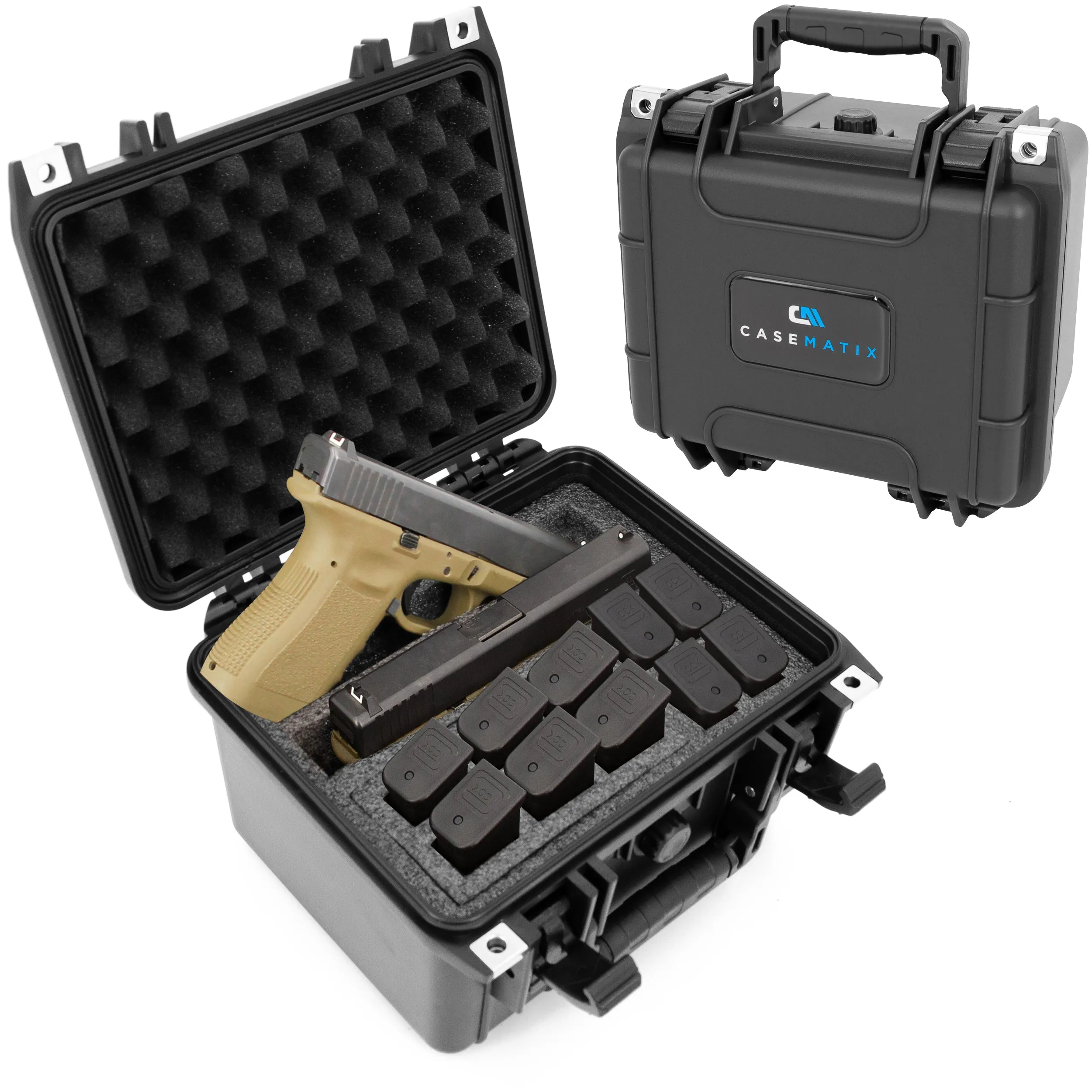 CASEMATIX Two Gun Hard Case for 2 Handguns and 10 Pistol Magazine Storage Case - Waterproof 2 Pistol Hard Case With Removable Accessory Area Storage