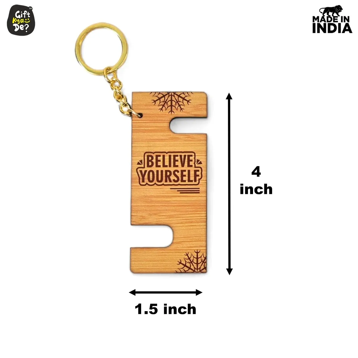 Cellphone Stand with Keyring | Wooden Mobile Stand with 2 in 1 Style Watch Video Horizontal and Vertical | Premium Golden Keychain