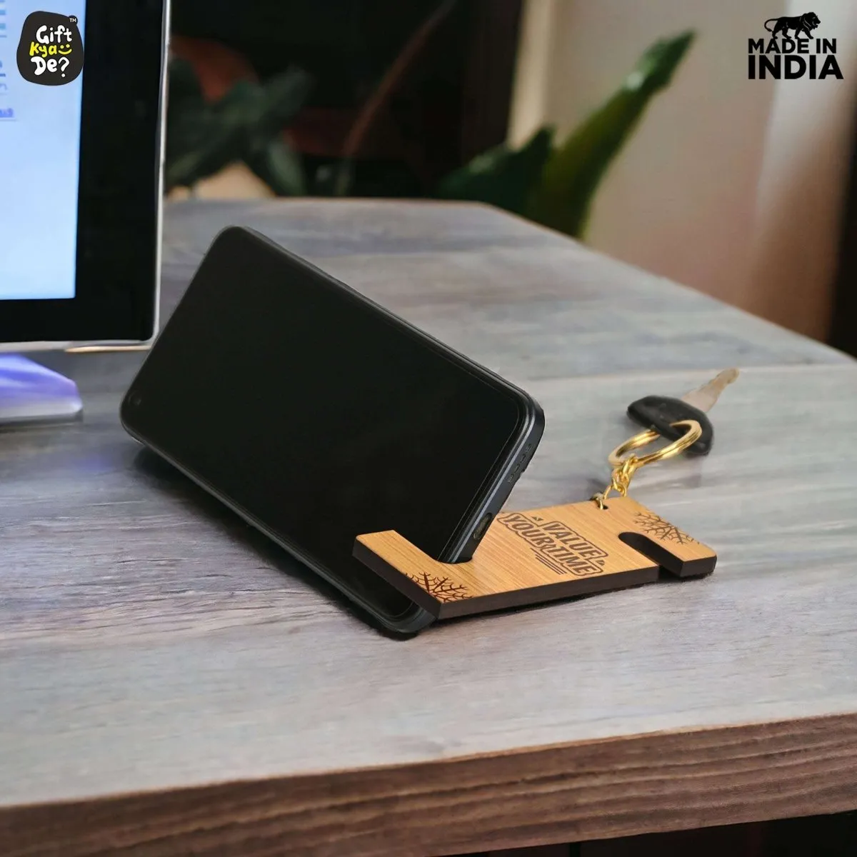 Cellphone Stand with Keyring | Wooden Mobile Stand with 2 in 1 Style Watch Video Horizontal and Vertical | Premium Golden Keychain