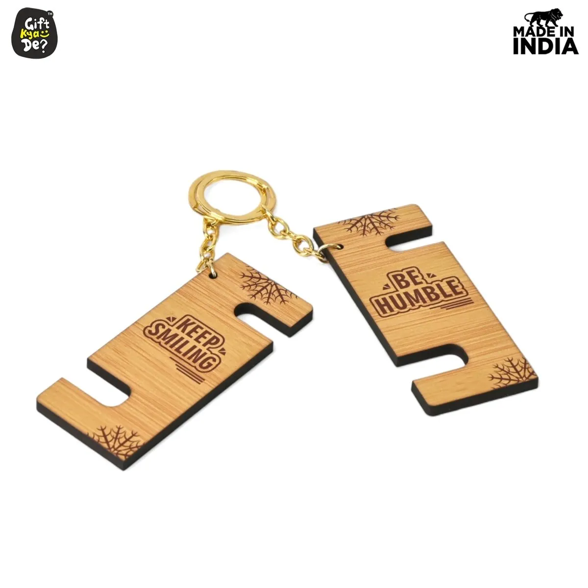 Cellphone Stand with Keyring | Wooden Mobile Stand with 2 in 1 Style Watch Video Horizontal and Vertical | Premium Golden Keychain