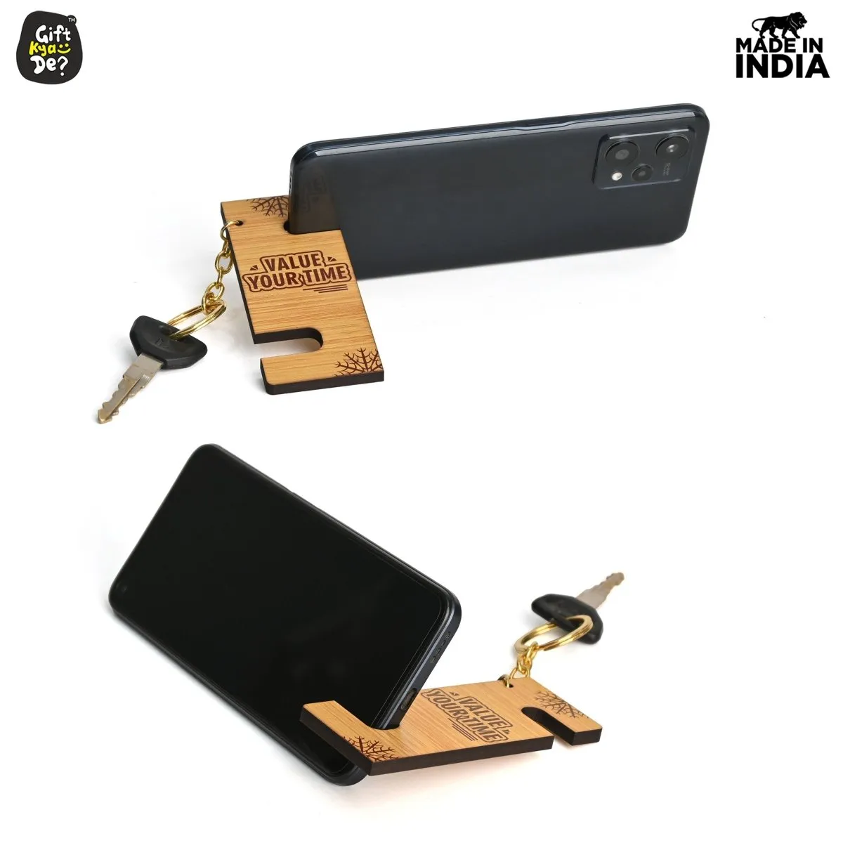 Cellphone Stand with Keyring | Wooden Mobile Stand with 2 in 1 Style Watch Video Horizontal and Vertical | Premium Golden Keychain