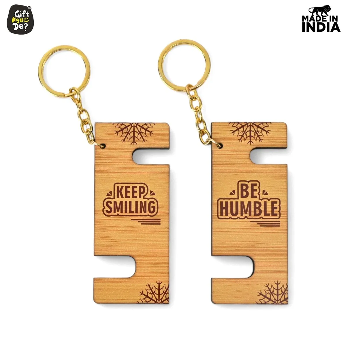 Cellphone Stand with Keyring | Wooden Mobile Stand with 2 in 1 Style Watch Video Horizontal and Vertical | Premium Golden Keychain