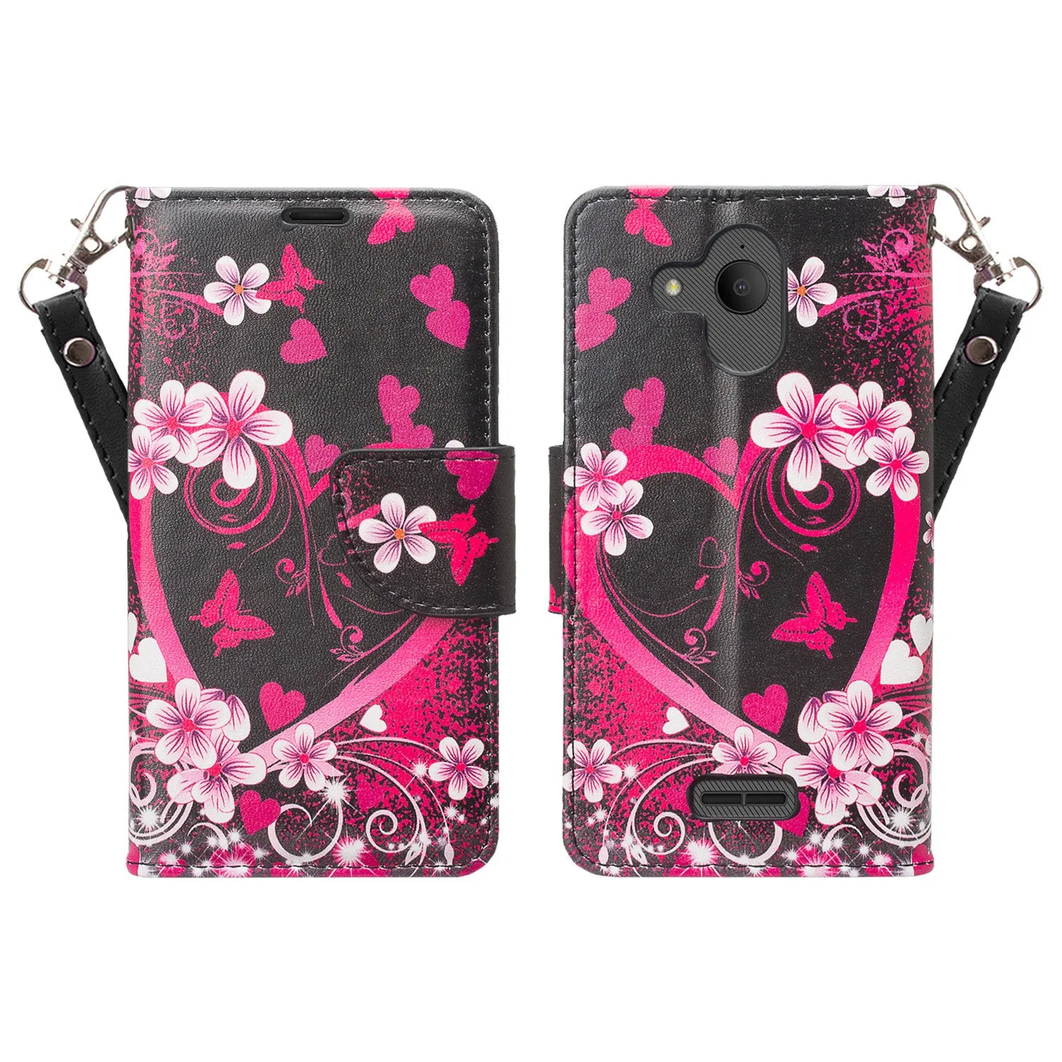 Coverlab Phone Cases for Alcatel Verso / Alcatel Tetra / Alcatel Raven LTE A574BL / Alcatel U50 5044S/ idealXCITE / CameoX 5044R Case [Kickstand] Leather Wallet Case Protective Pouch - Hot Pink Heart