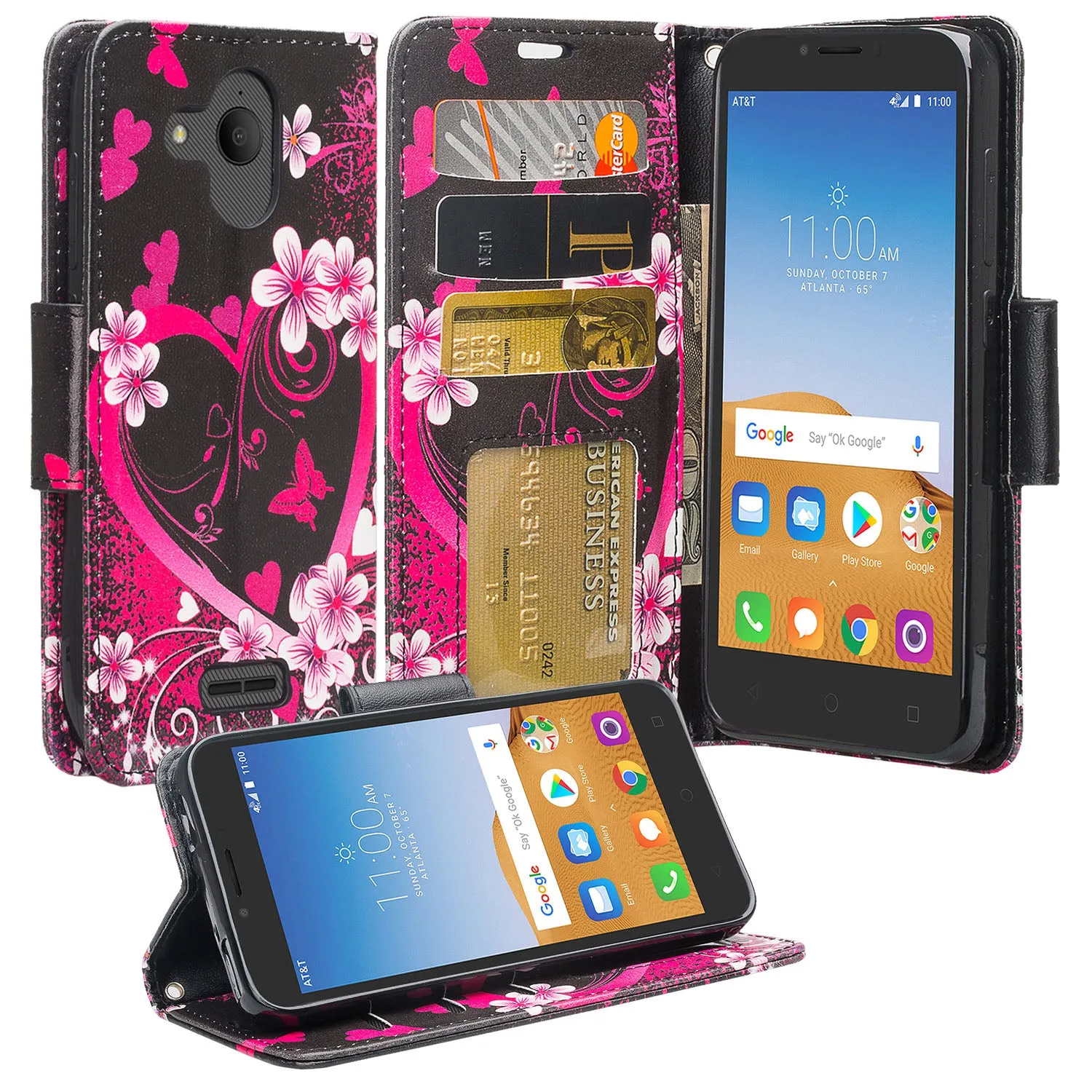 Coverlab Phone Cases for Alcatel Verso / Alcatel Tetra / Alcatel Raven LTE A574BL / Alcatel U50 5044S/ idealXCITE / CameoX 5044R Case [Kickstand] Leather Wallet Case Protective Pouch - Hot Pink Heart