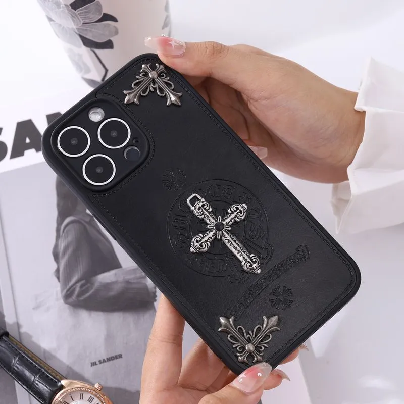 Cross Leather Chrome Hearts Phone Case For IPhone