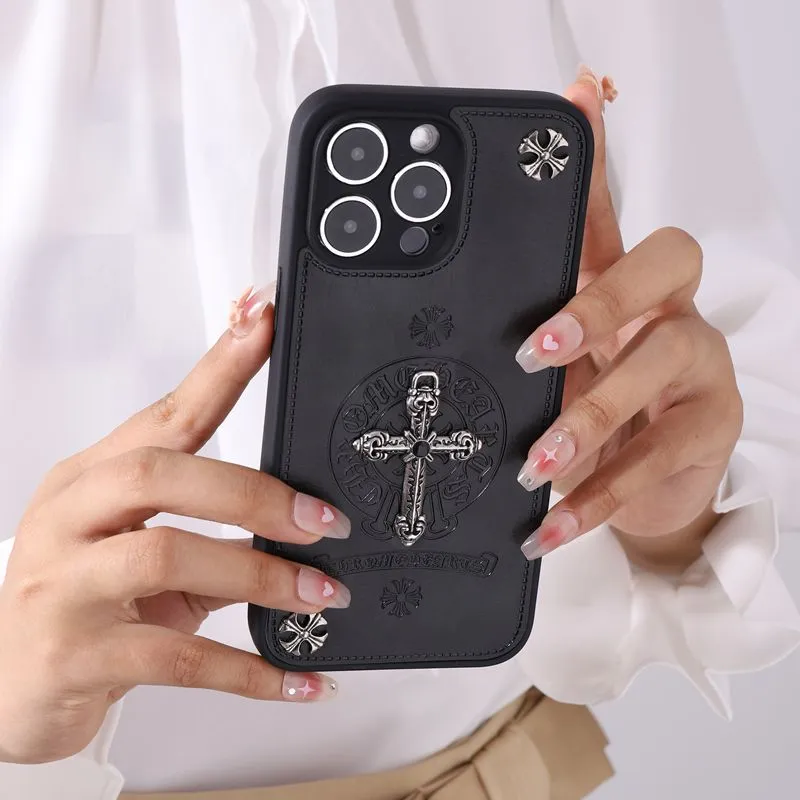 Cross Leather Chrome Hearts Phone Case For IPhone