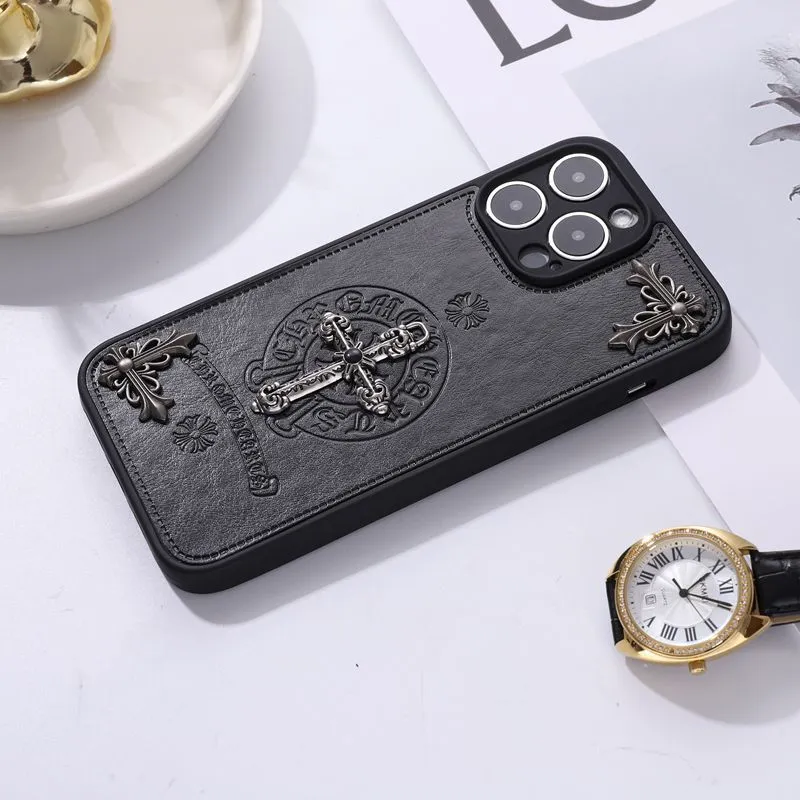 Cross Leather Chrome Hearts Phone Case For IPhone