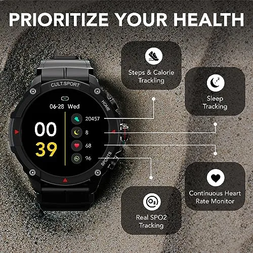 Cultsport Ranger Xr 1.43" Amoled Outdoor Rugged Smartwatch for Men, 850 Nits, Always On Display, Bluetooth Calling, 420Mah Battery, Sports Recognition, Health Tracking, Round Digital Watch, Black