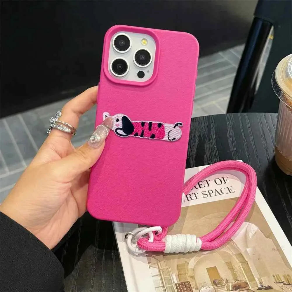 Cute Phone Cases For iPhone 16 Pro Max, 7, 8 Plus, and SE - Lazy Dog, Candy Leather Cover with Wrist Chain - TSP478