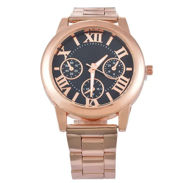 Doreen Box Steel Women Quartz Wrist Watch Rose Gold Color Roman Numerals Three-eyes Battery Included 22cm(8 5/8") long, 1 Piece