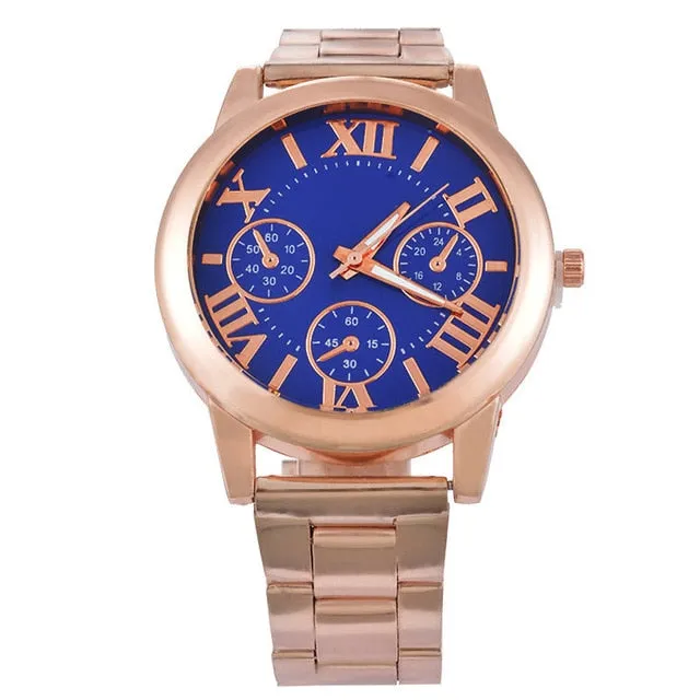 Doreen Box Steel Women Quartz Wrist Watch Rose Gold Color Roman Numerals Three-eyes Battery Included 22cm(8 5/8") long, 1 Piece