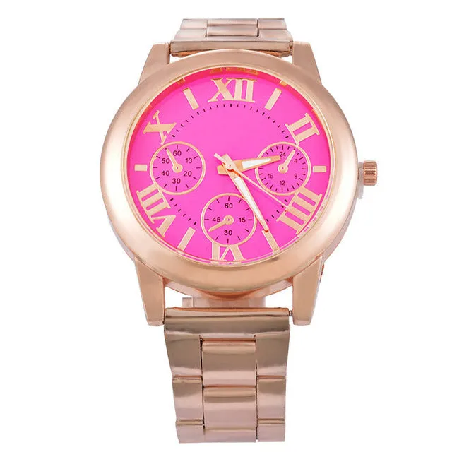 Doreen Box Steel Women Quartz Wrist Watch Rose Gold Color Roman Numerals Three-eyes Battery Included 22cm(8 5/8") long, 1 Piece